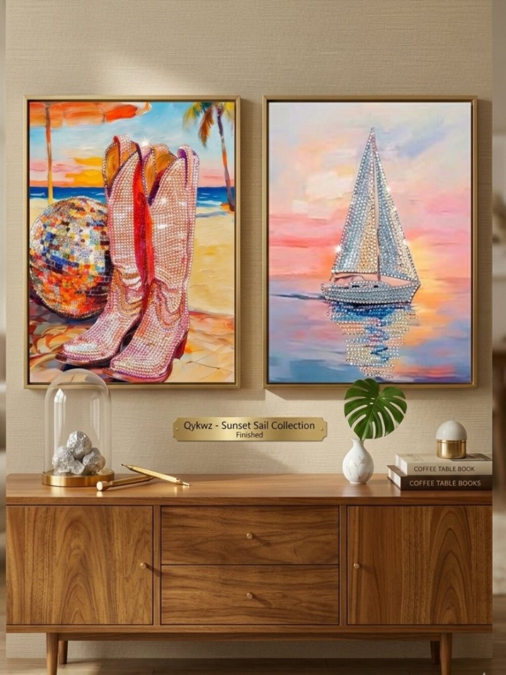 2 Pcs Diamond Painting Kits for Adults, Sunset Beach Cowboy Boots & Sailboat